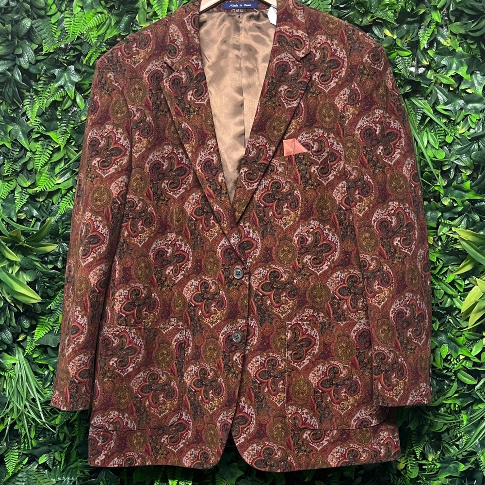 Alan Flusser Blazer Mens Large Brown Burgundy Paisley Corduroy Sport Coat - Picture 2 of 9